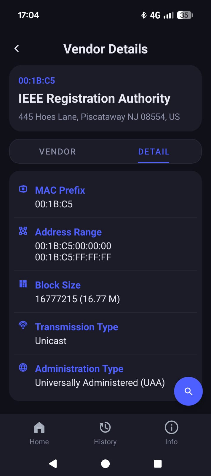 MAC Address Lookup Android app address range and block details