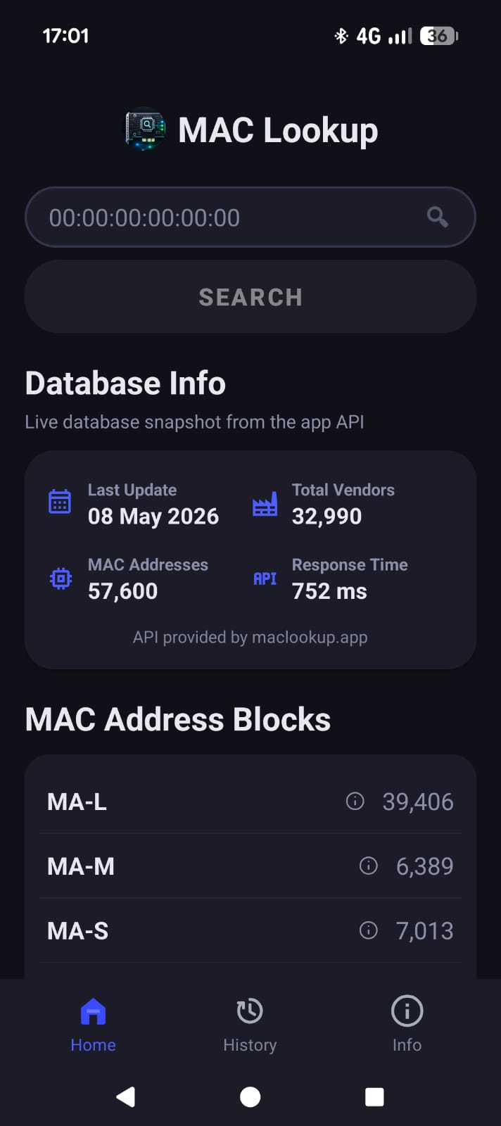 MAC Address Lookup Android app home screen with database statistics
