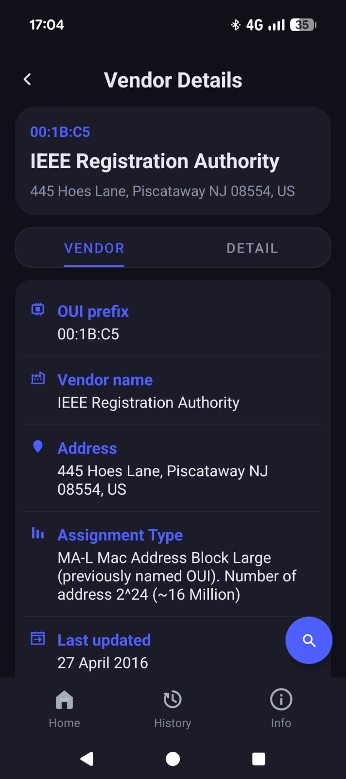 MAC Address Lookup Android app vendor result details
